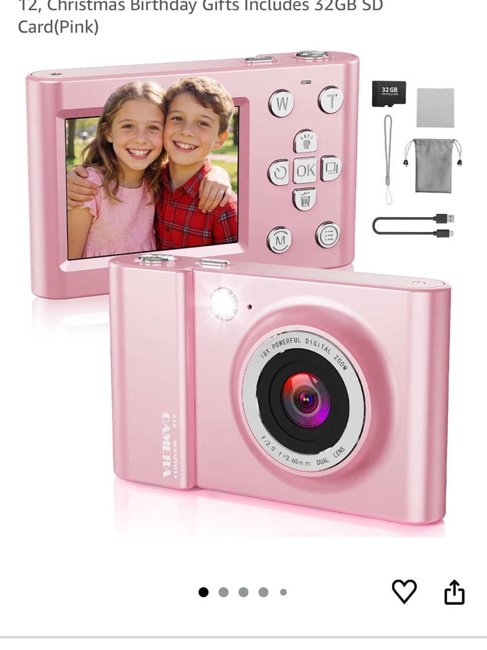 Pink Digital Kids Camera with 32GB SD Card - Compact Point & Shoot